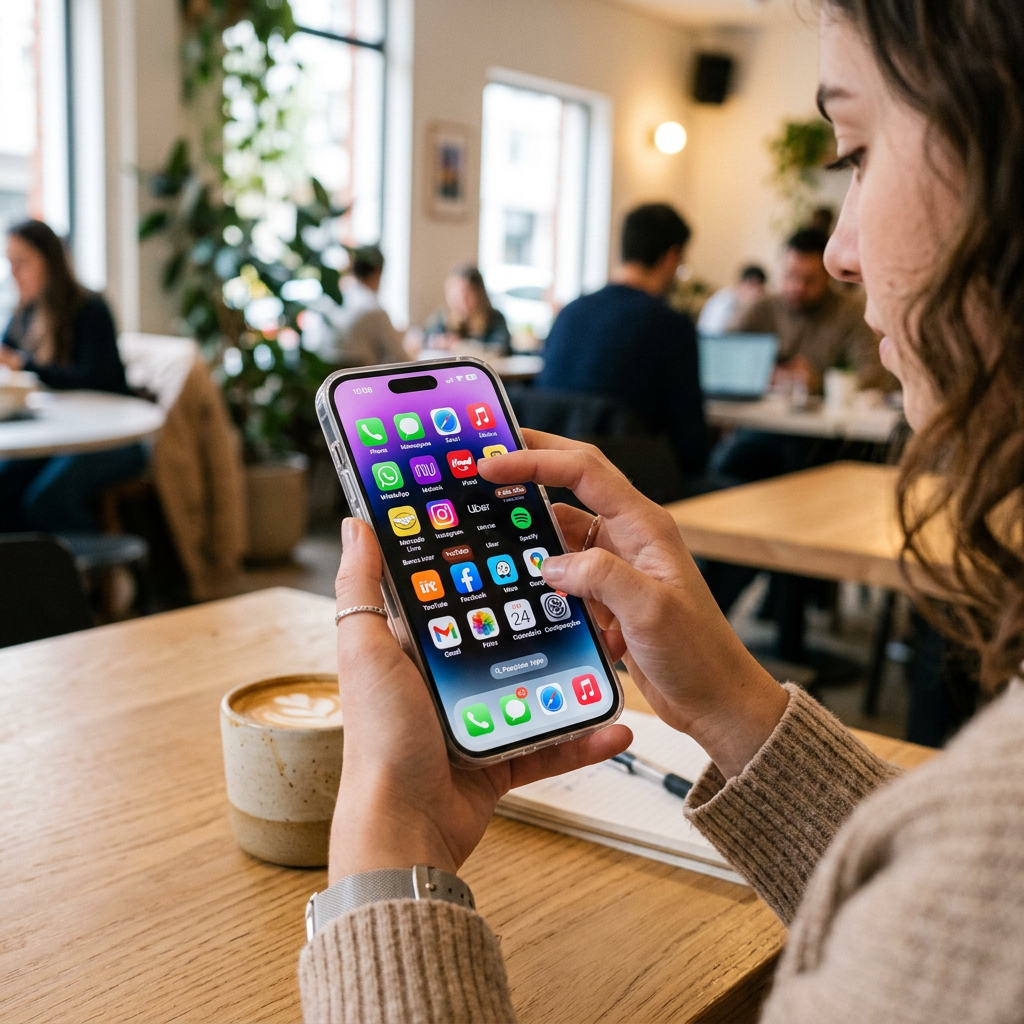 Person holding a smartphone displaying various colorful app icons